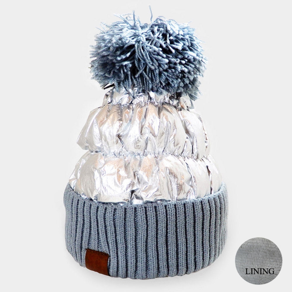 Shiny Silver Fur Pom Pom Style Winter Beanie Hat Fashion Statement Accessories